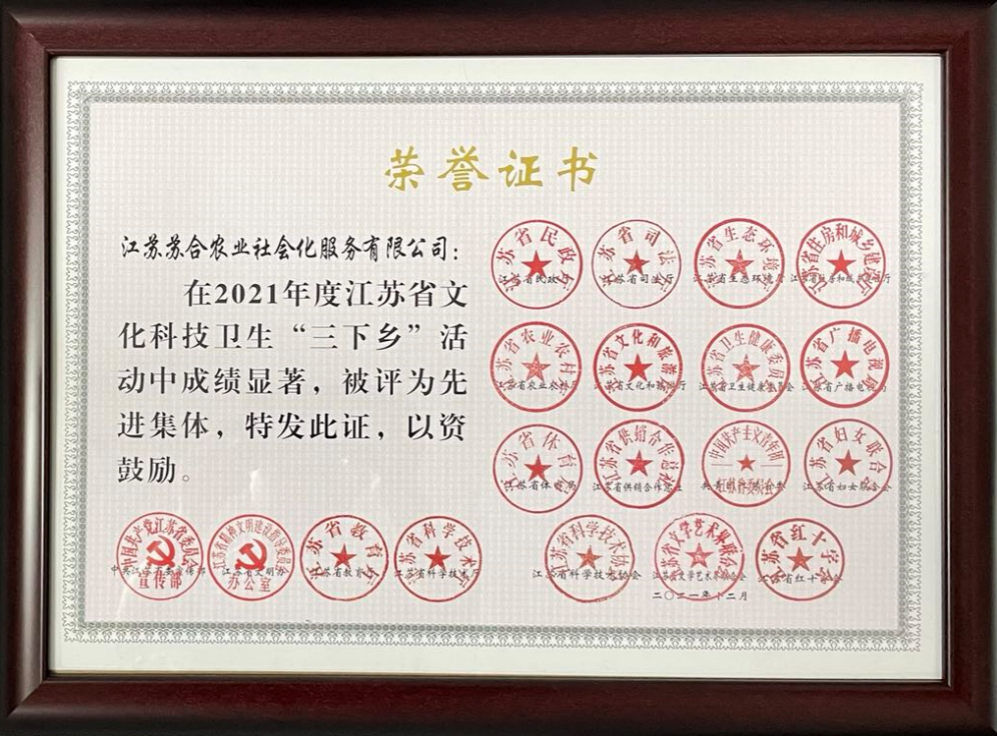 江蘇省文化科技衛(wèi)生“三下鄉(xiāng)”先進(jìn)集體 江蘇蘇合農(nóng)業(yè)社會化服務(wù)有限公司